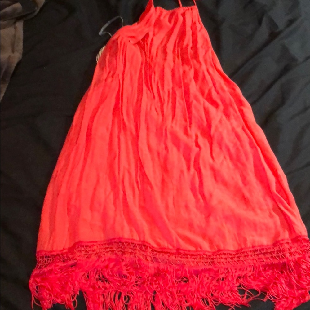New L Coral Halter neck Dress with Fringe